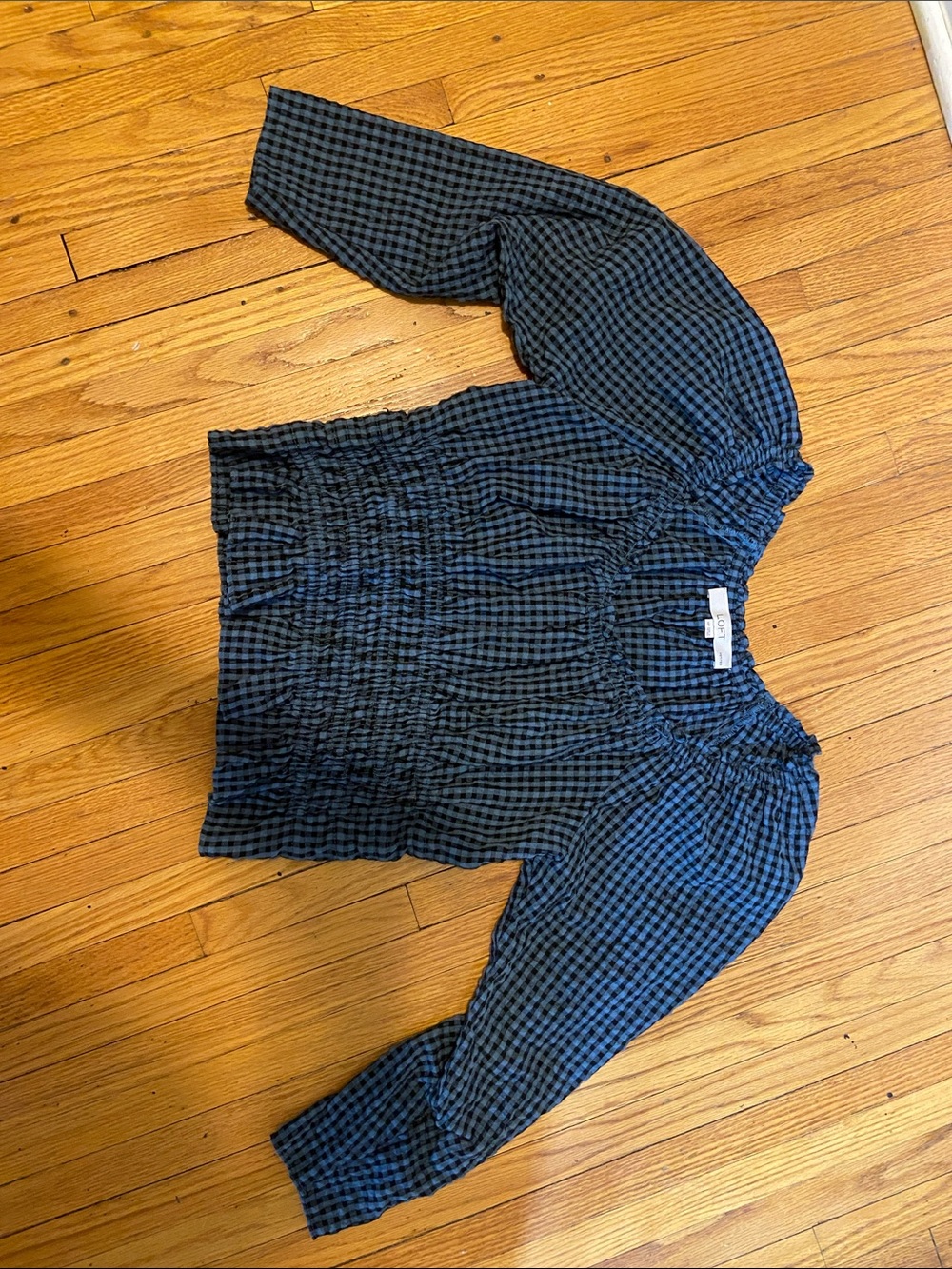 LOFT MP Smocked Gingham Peasant Top - Black & Blue, worn once